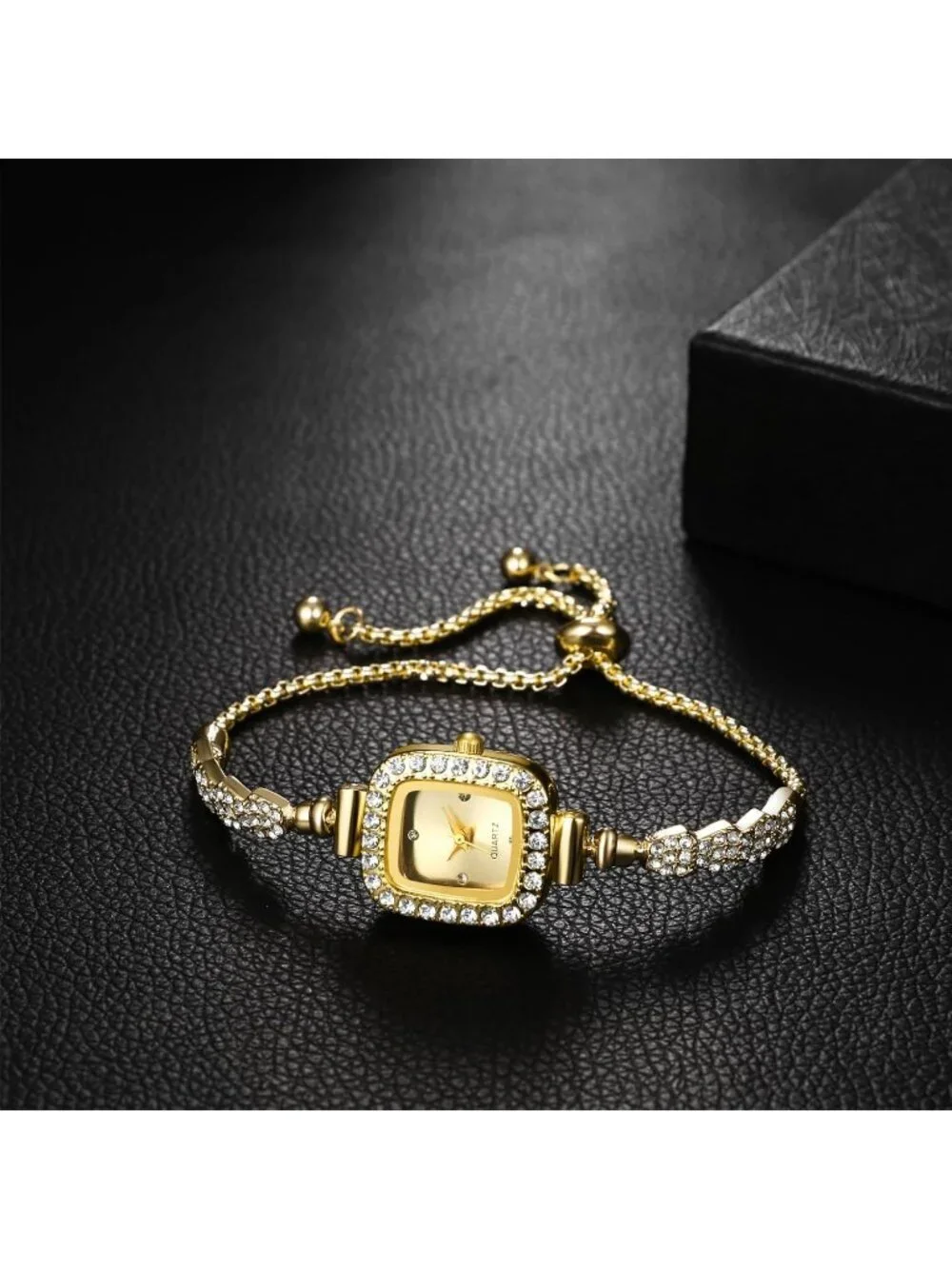Women's Gold Analog Quartz Slim Strap Square Bracelet Rhinestones Wrist Watch